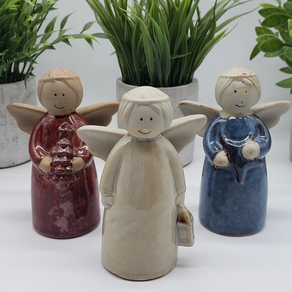 Ceramic or Pottery Red Cream Blue Vintage 3pc Angel Set - Picture 2 of 11